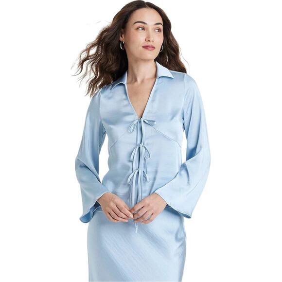 a new day Tops - A New Day Women's Long Sleeve Satin Tie Front Blouse Light Blue Size XL